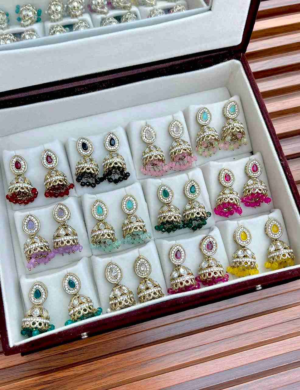 Beautiful Premium Quality 12 Pairs Different Colour Small Jhumka Mirror Box….